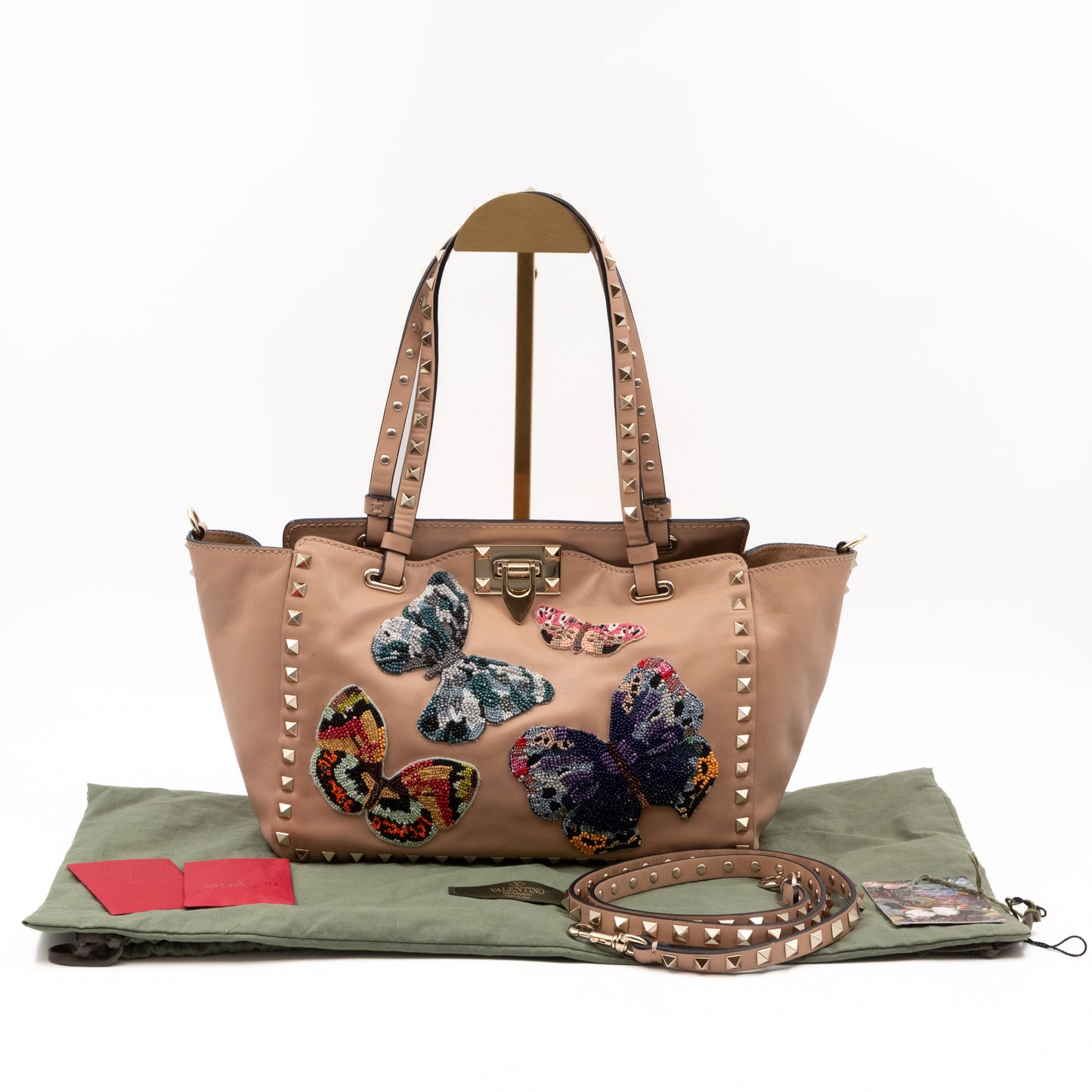 Rockstud Trapeze Tote Camel Rose Butterfly Embroidered Beaded Leather