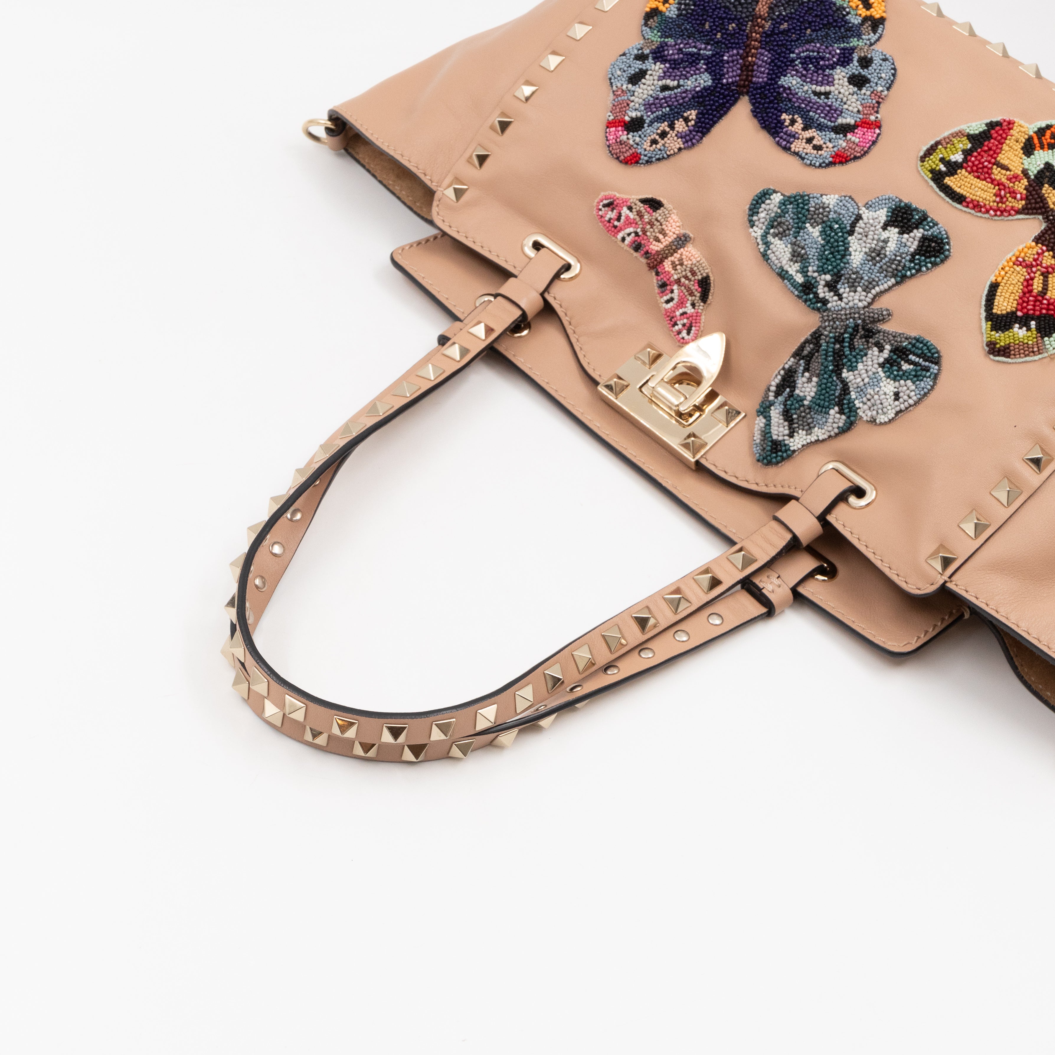 Rockstud Trapeze Tote Camel Rose Butterfly Embroidered Beaded Leather