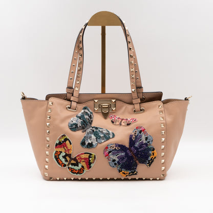 Rockstud Trapeze Tote Camel Rose Butterfly Embroidered Beaded Leather