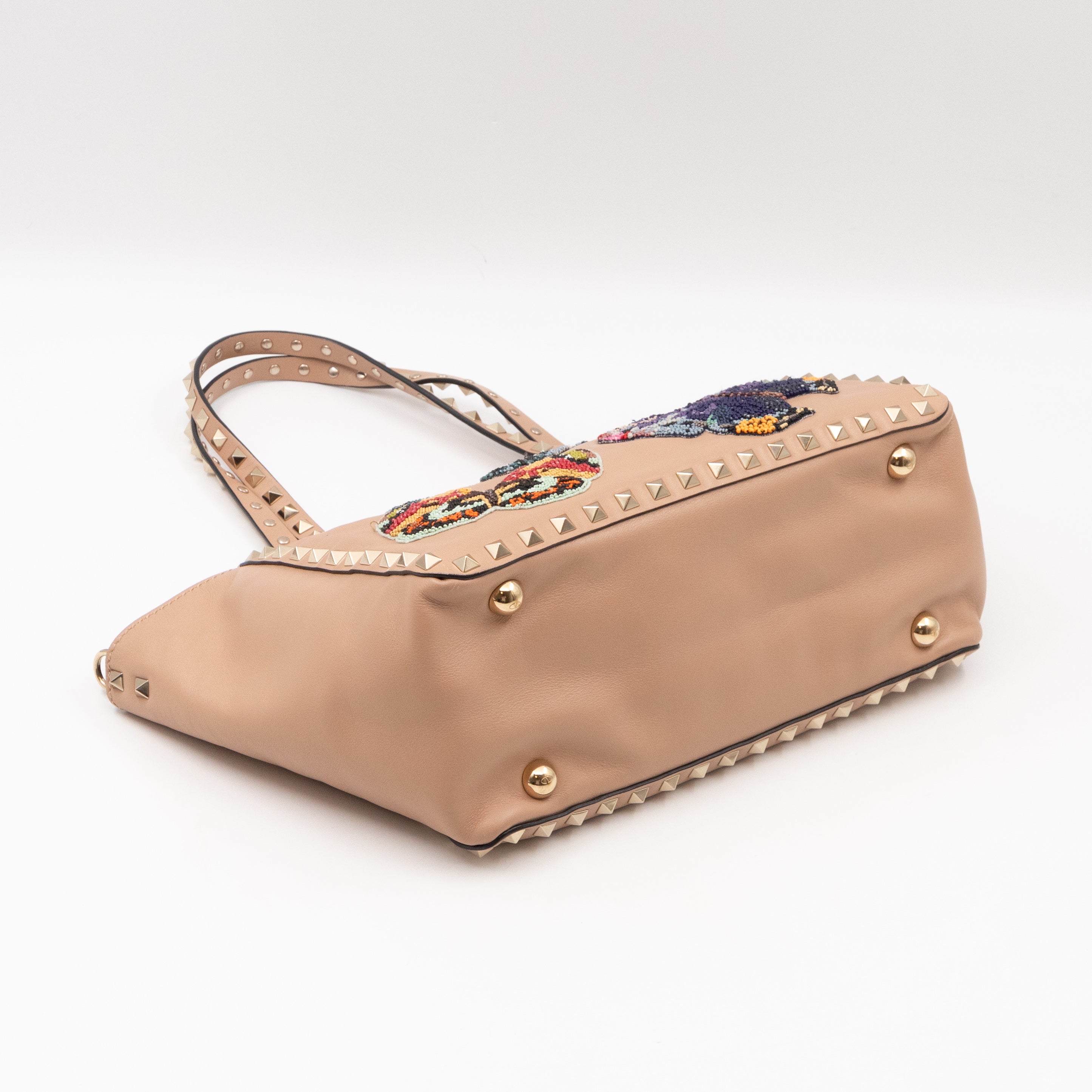 Rockstud Trapeze Tote Camel Rose Butterfly Embroidered Beaded Leather
