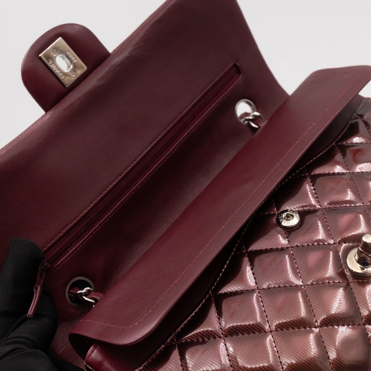 Classic Double Flap Medium Burgundy Metallic Striped Patent Leather