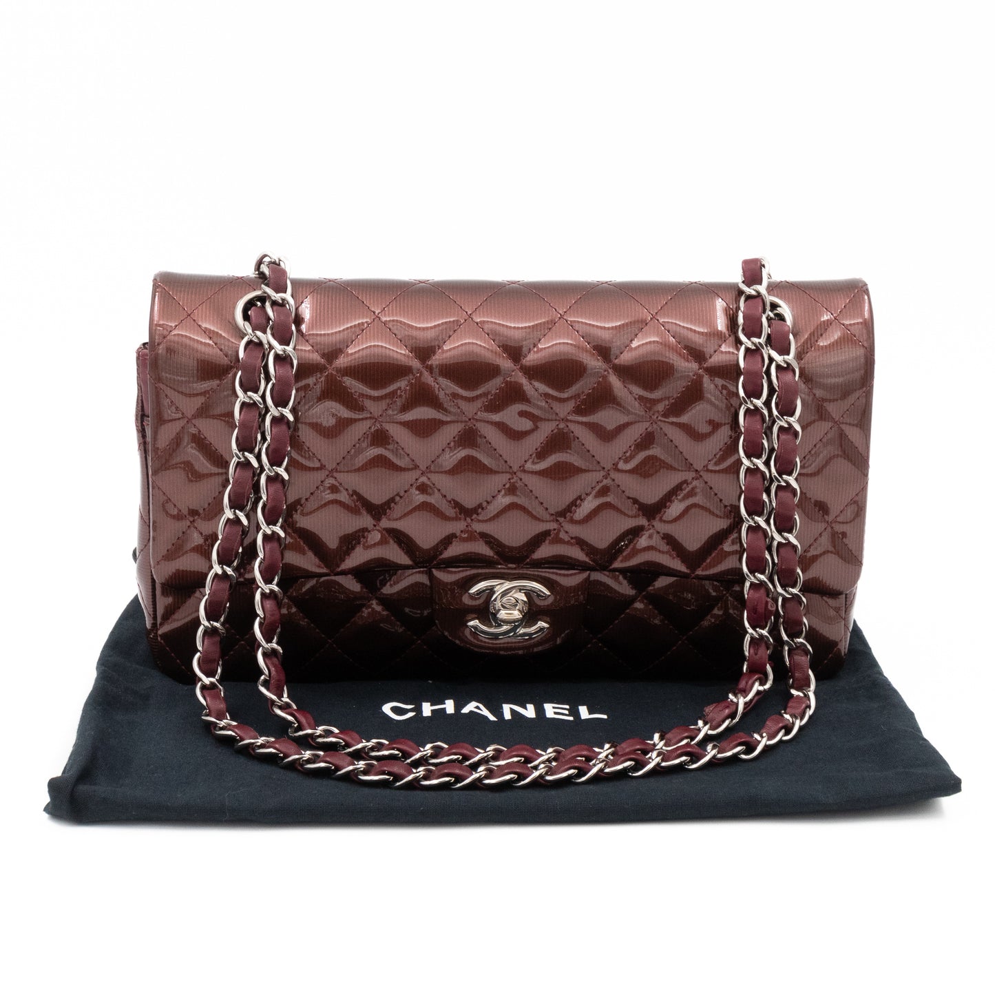 Classic Double Flap Medium Burgundy Metallic Striped Patent Leather