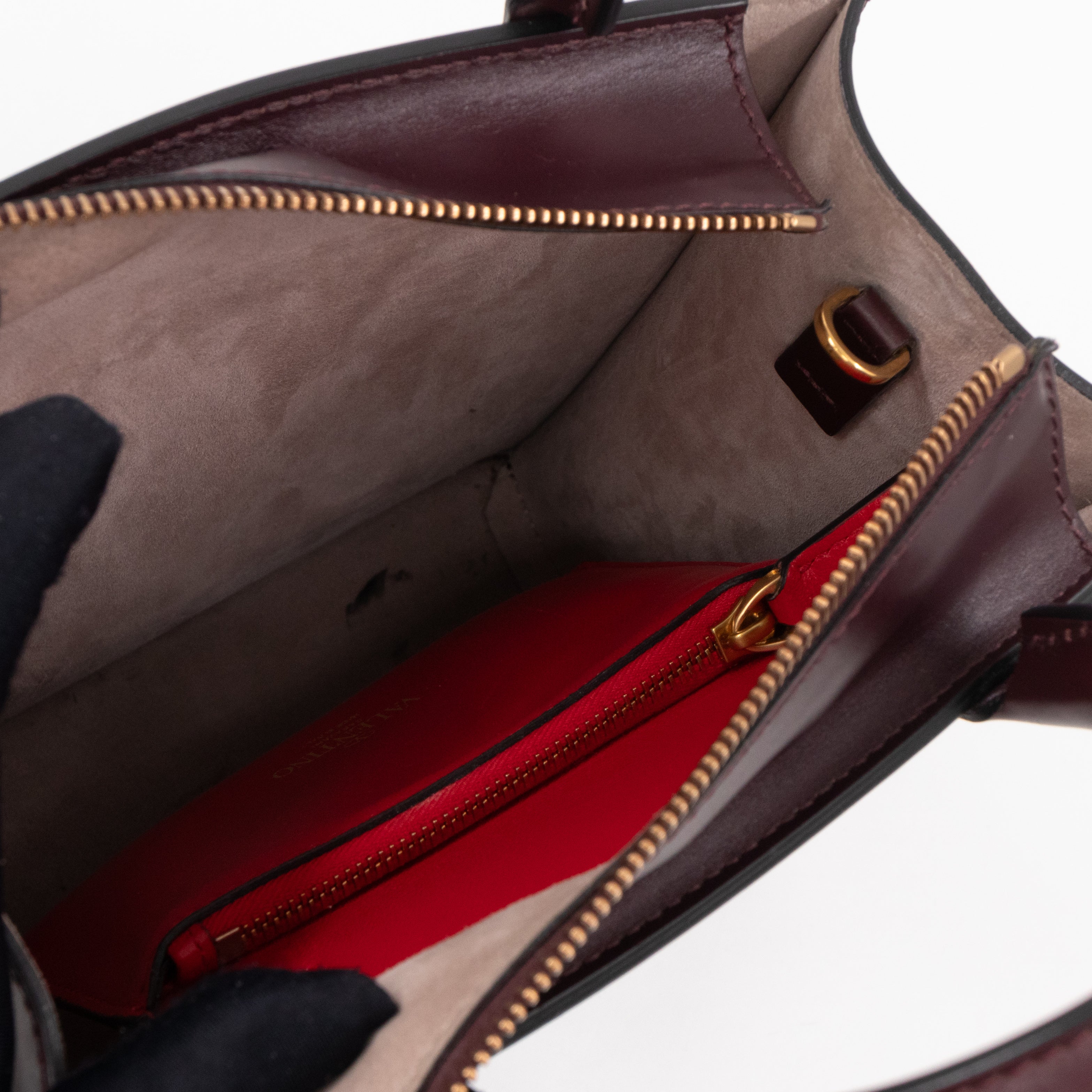 Small Top Handle V Logo Burgundy Leather