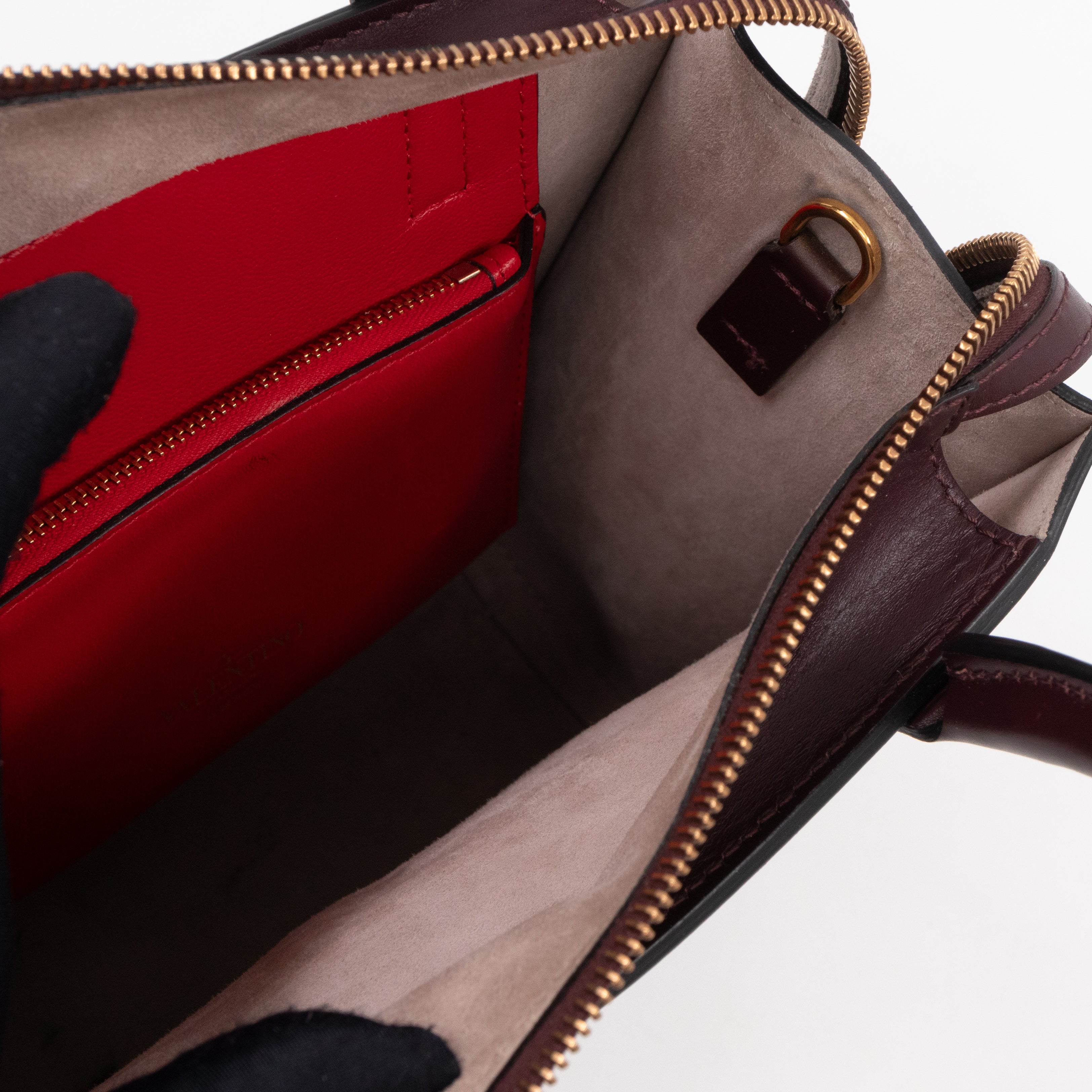 Small Top Handle V Logo Burgundy Leather