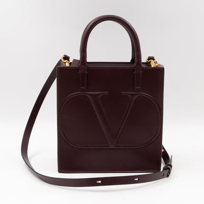 Small Top Handle V Logo Burgundy Leather