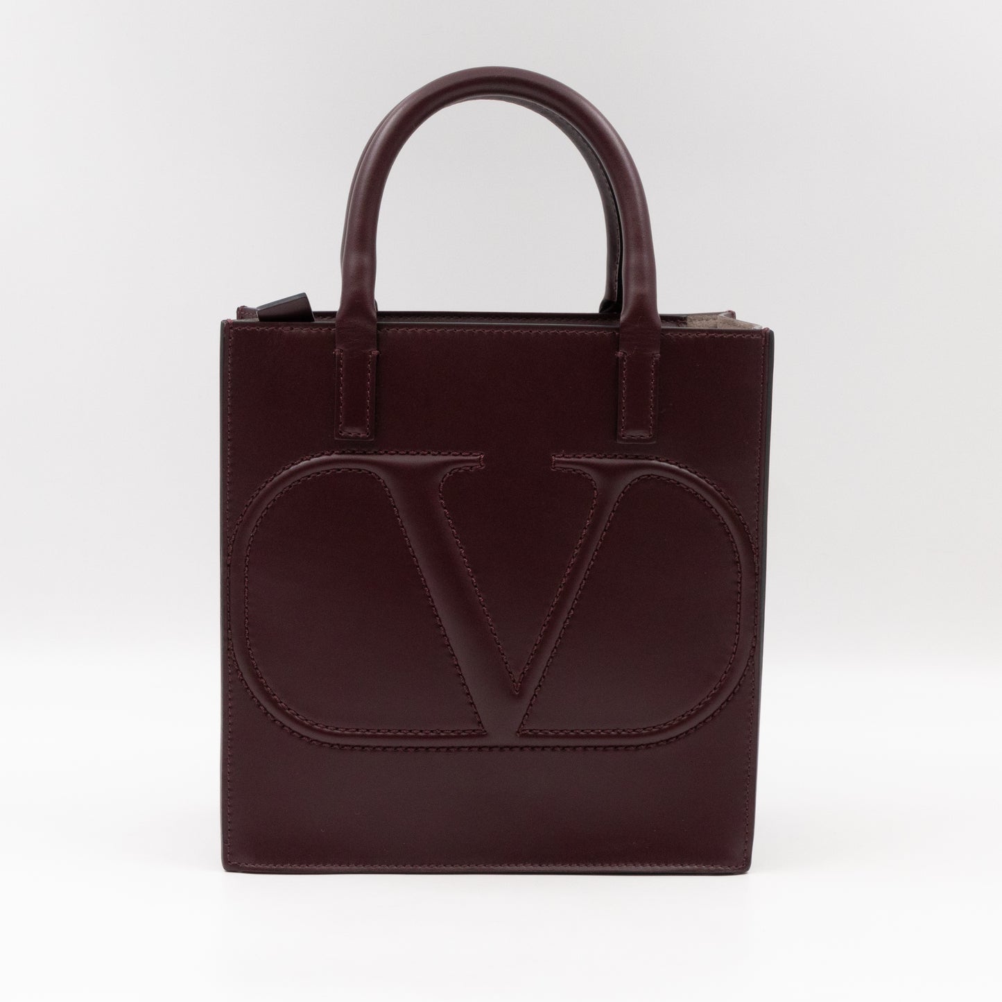 Small Top Handle V Logo Burgundy Leather