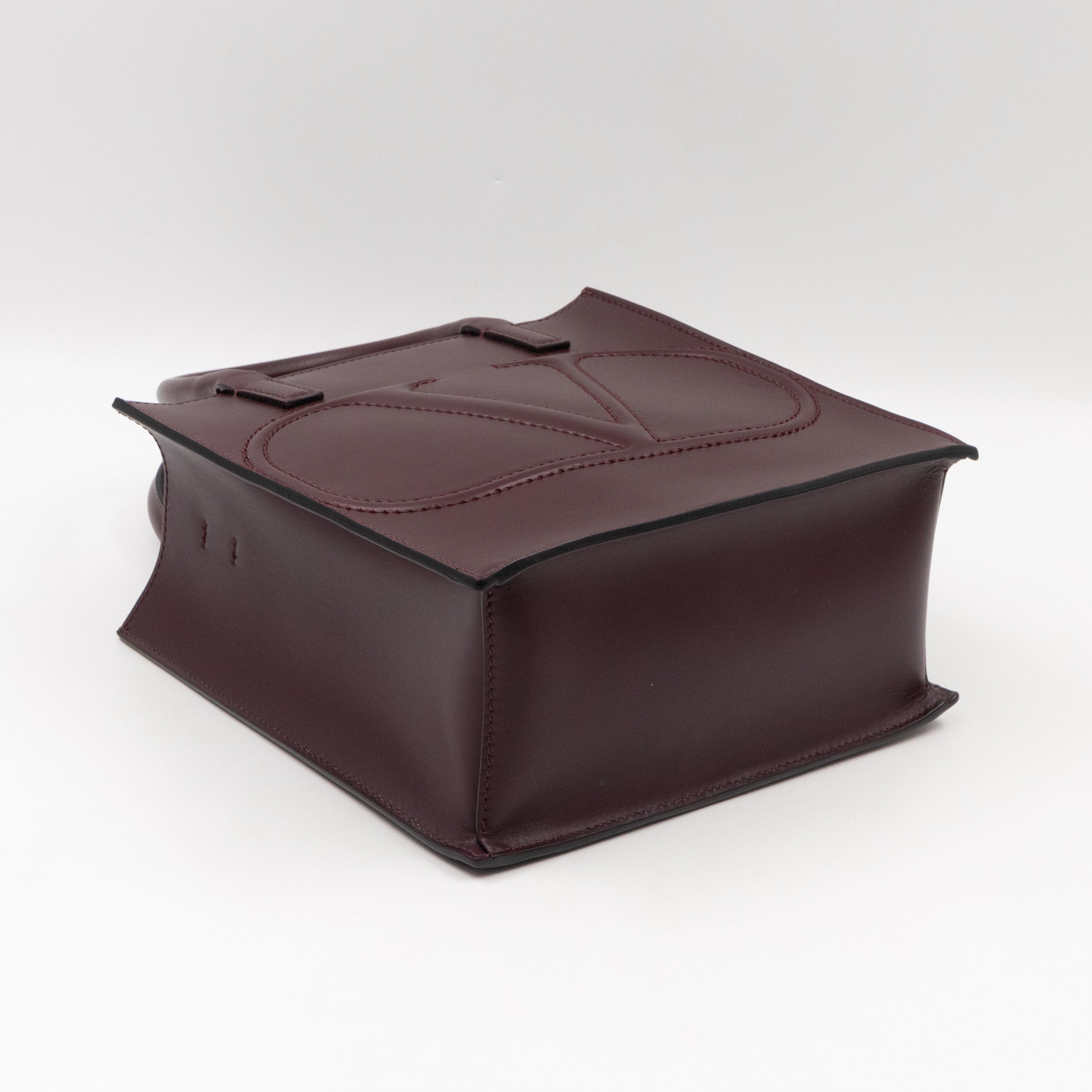 Small Top Handle V Logo Burgundy Leather