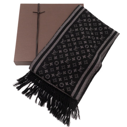 Monogram Black and Silver Fringe Scarf