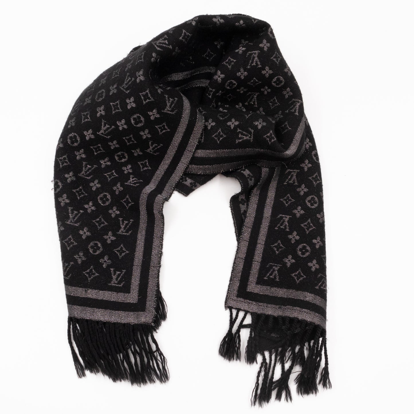 Monogram Black and Silver Fringe Scarf