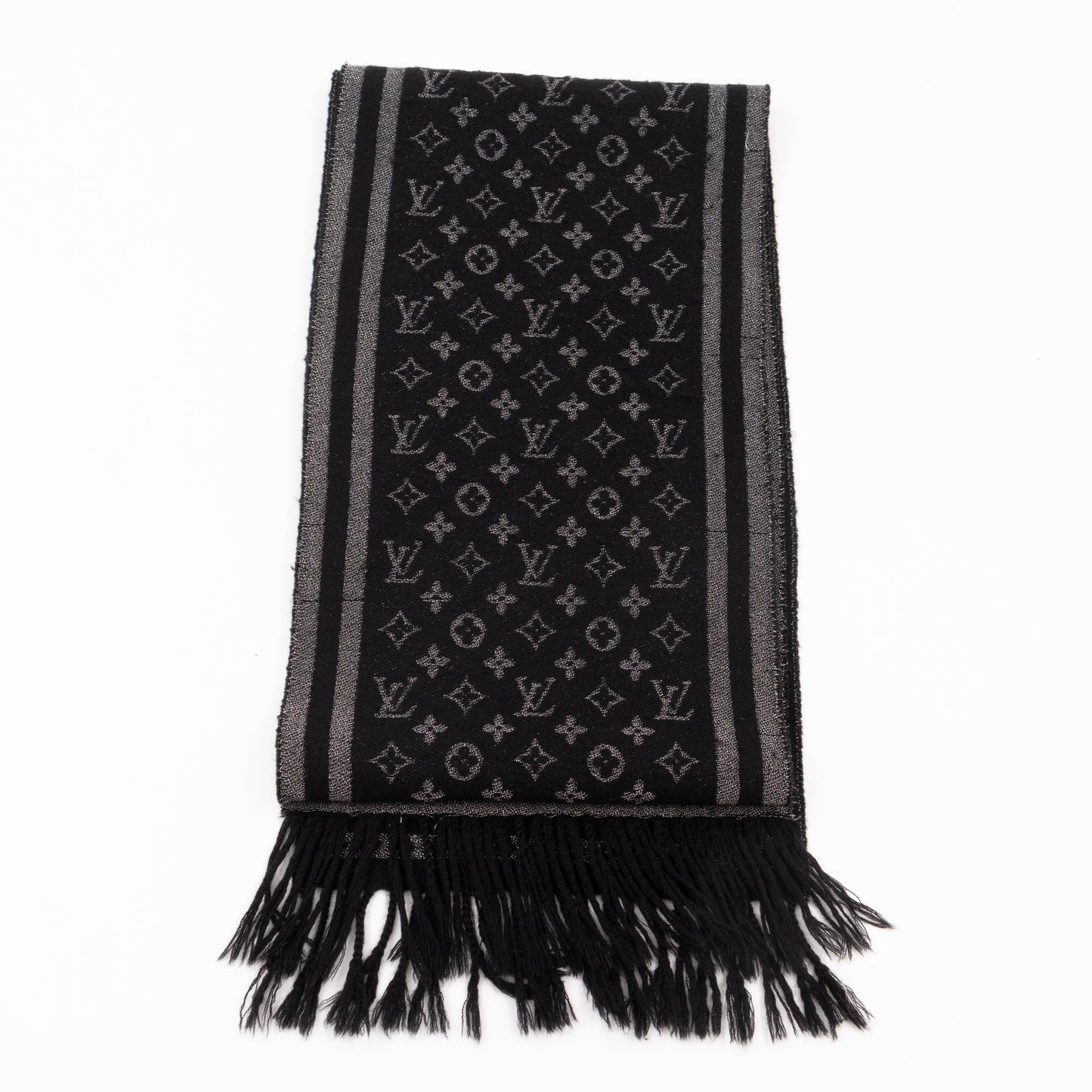 Monogram Black and Silver Fringe Scarf