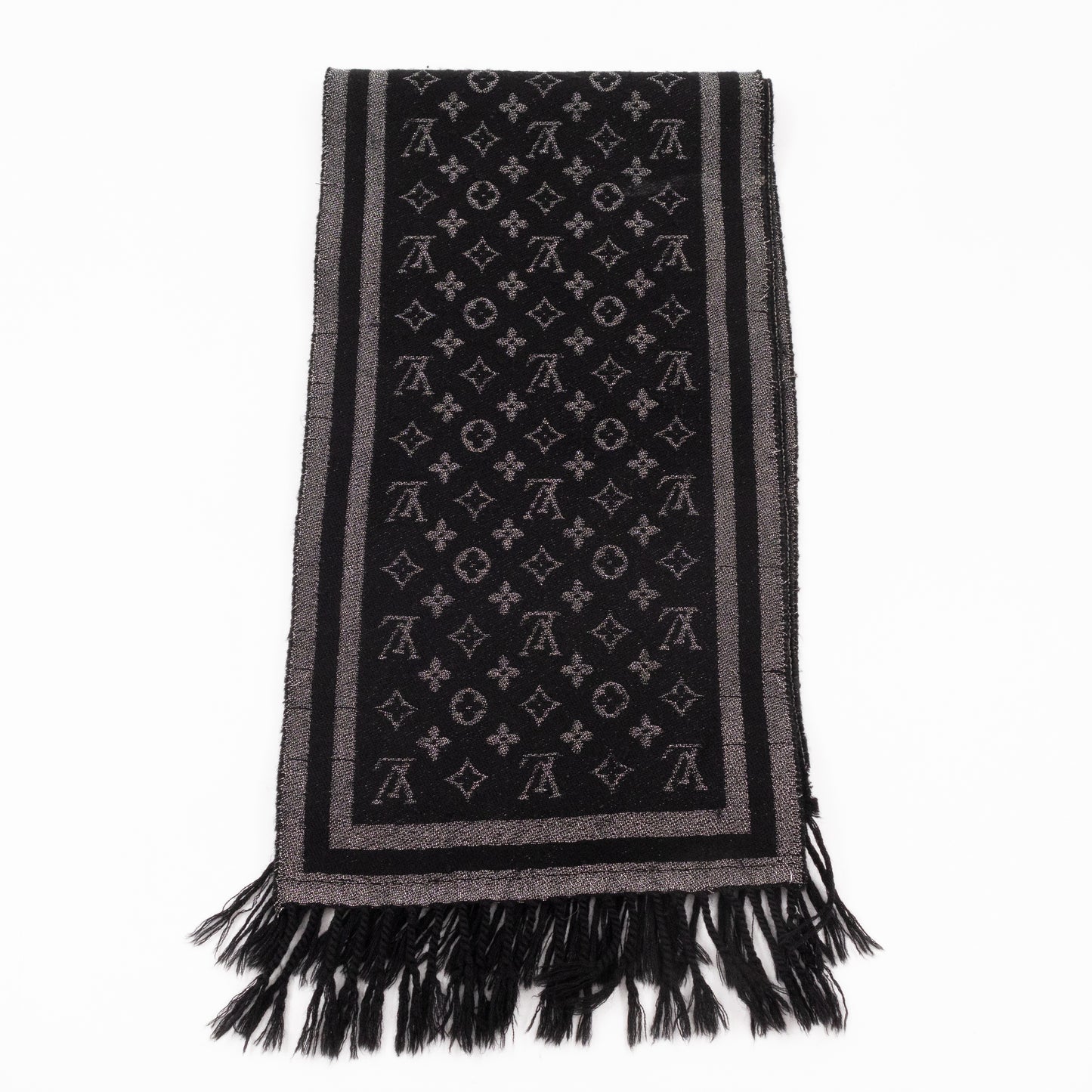 Monogram Black and Silver Fringe Scarf