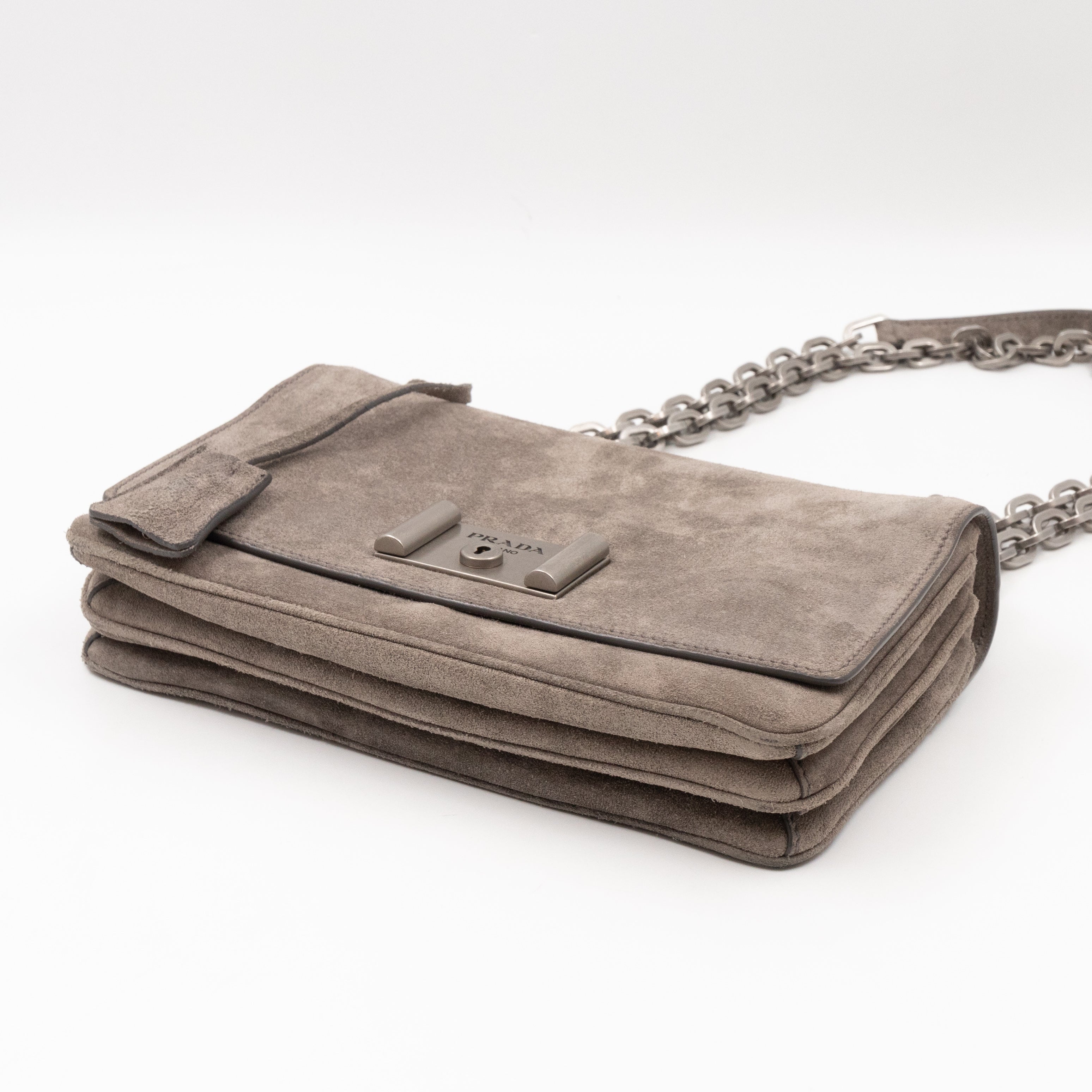 Chain Flap Shoulder Bag Grey Suede
