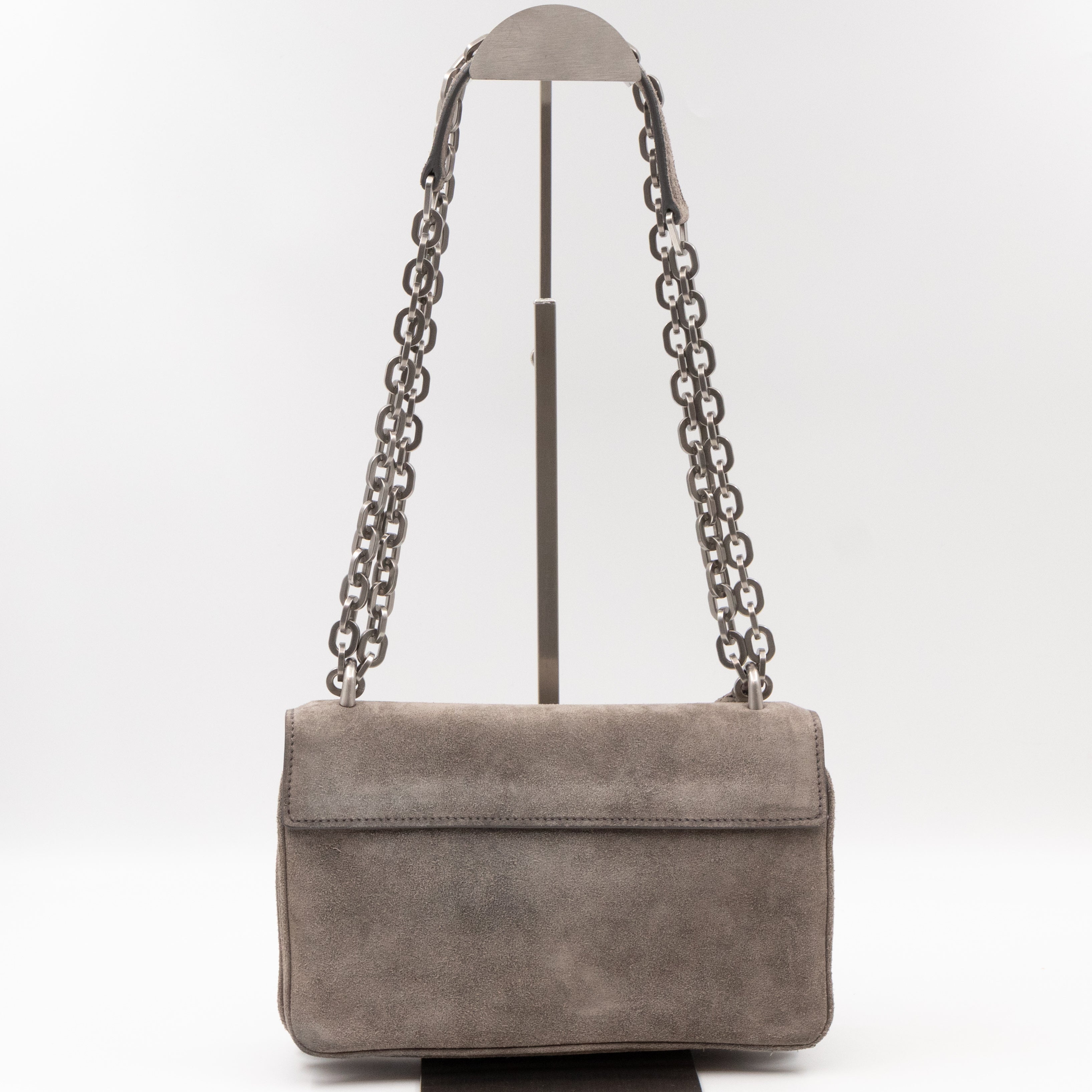 Chain Flap Shoulder Bag Grey Suede