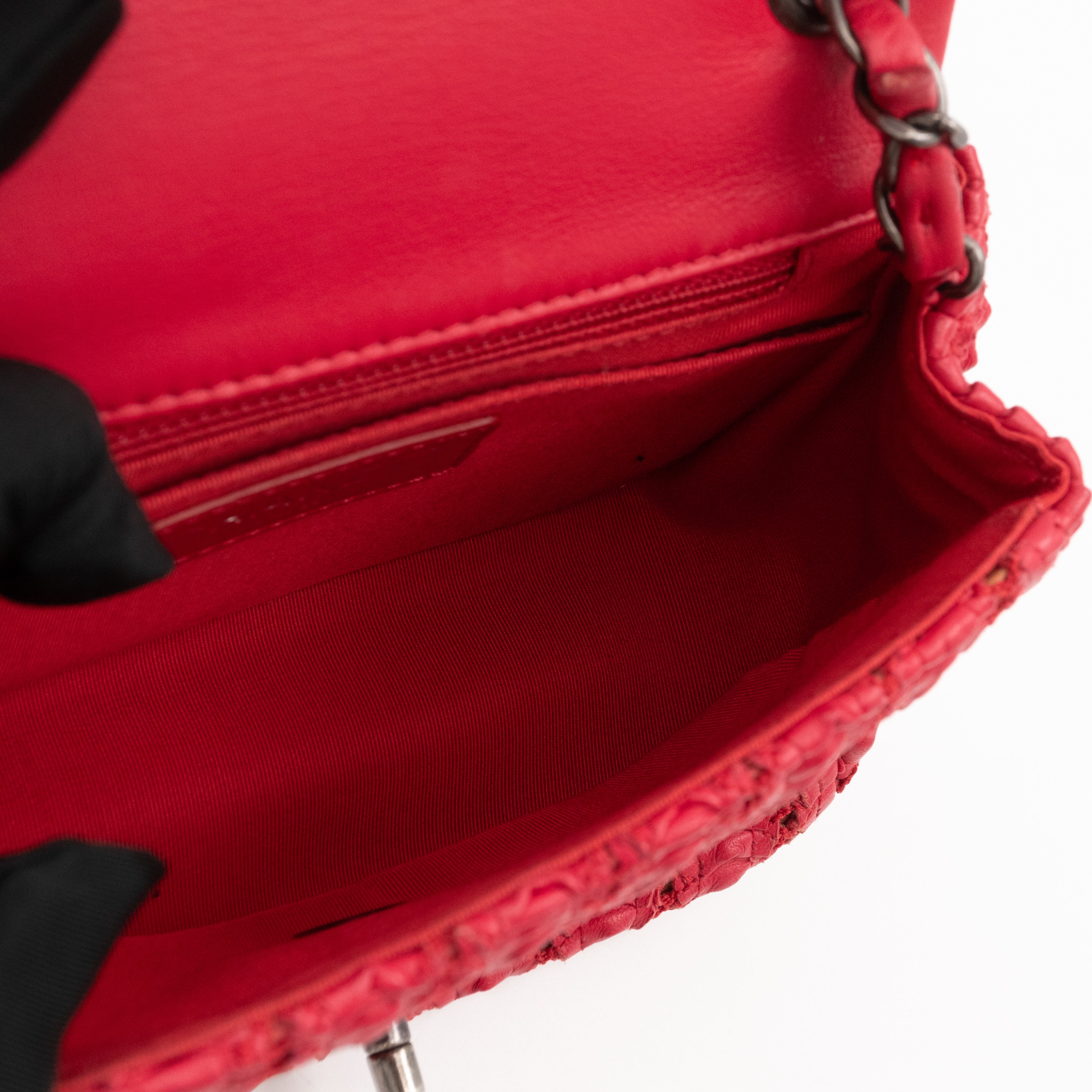 Classic Flap Mini Square Crochet Lambskin Red
