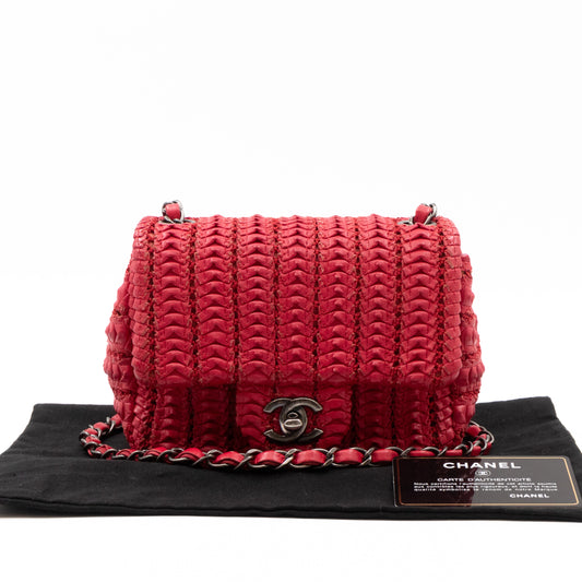 Classic Flap Mini Square Crochet Lambskin Red