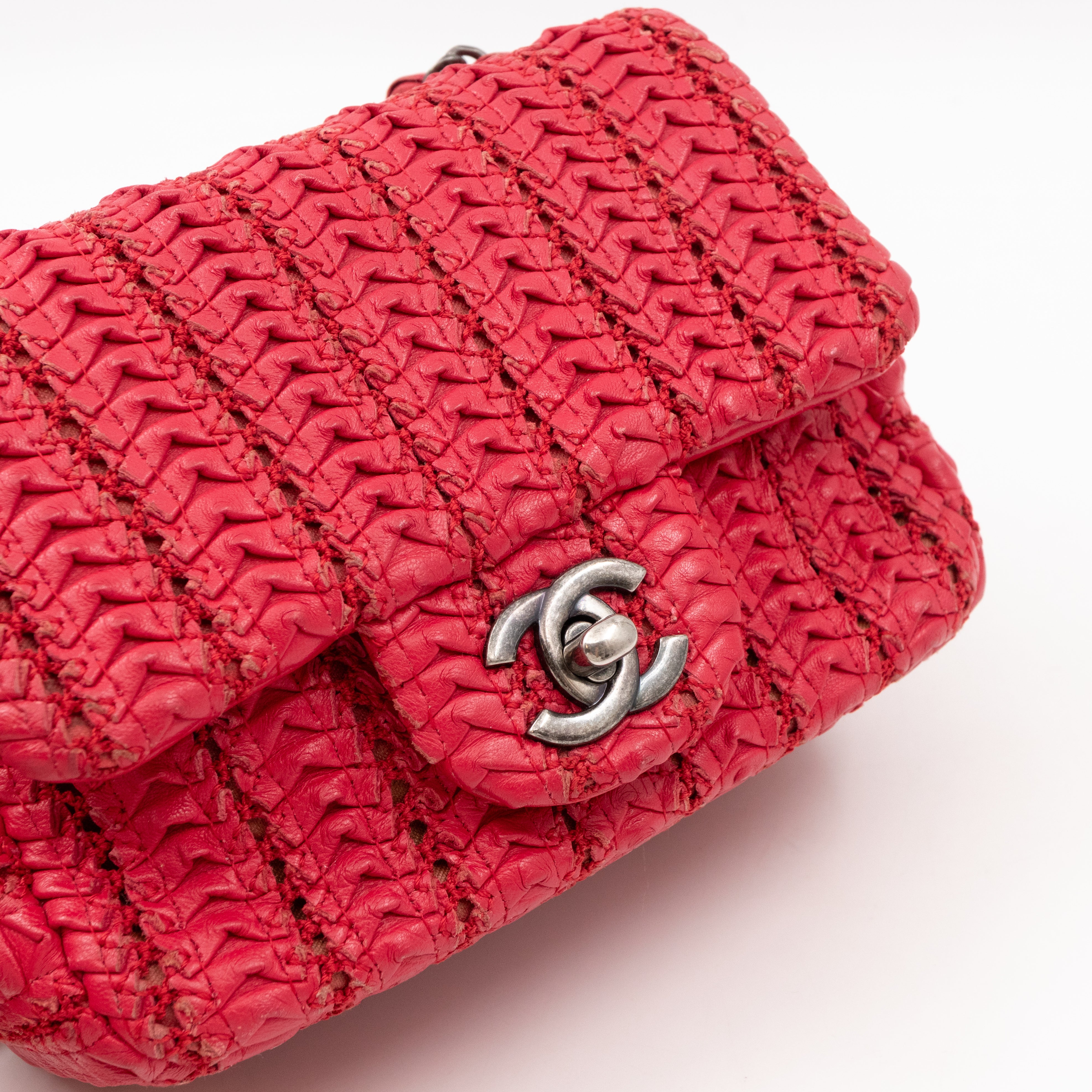 Classic Flap Mini Square Crochet Lambskin Red