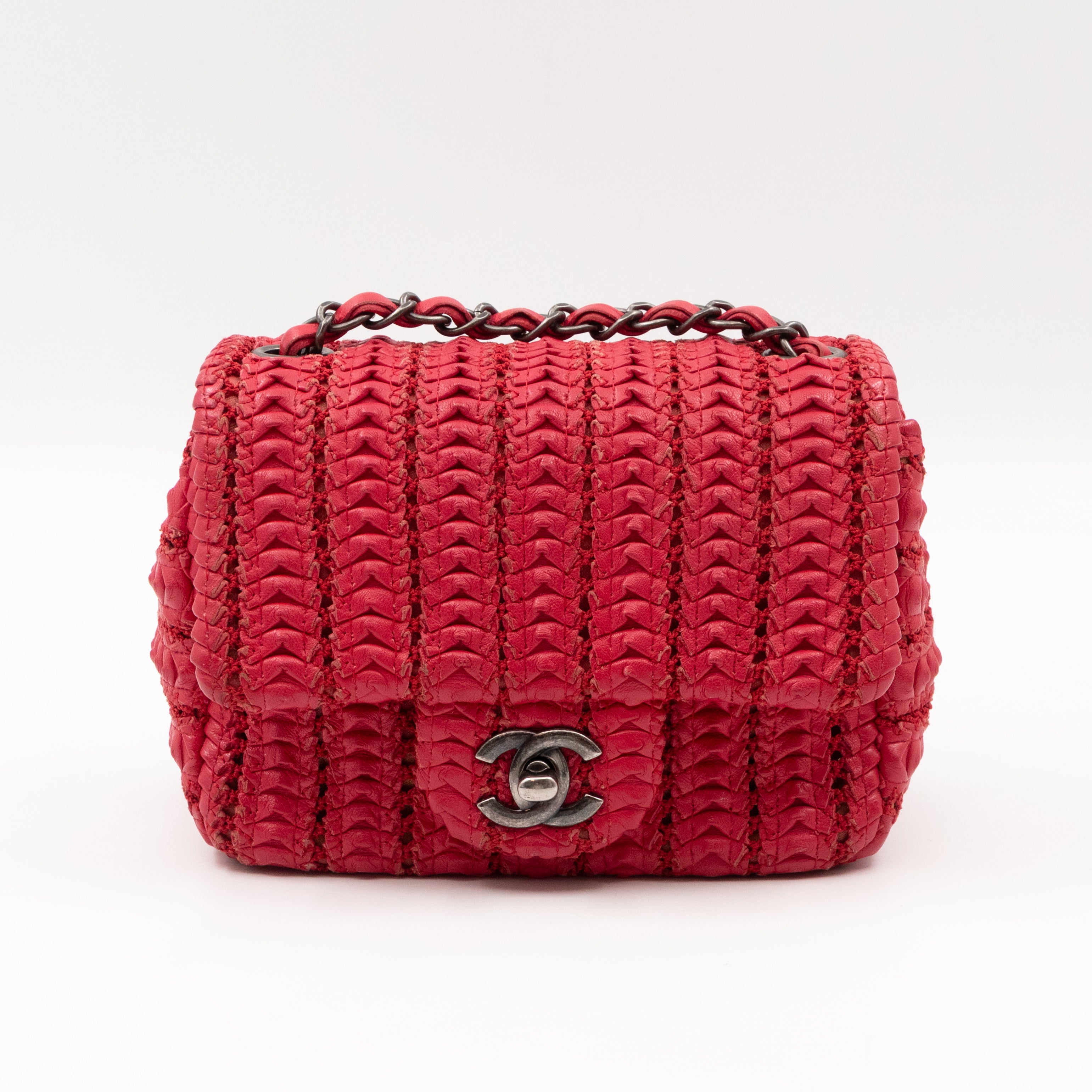 Classic Flap Mini Square Crochet Lambskin Red