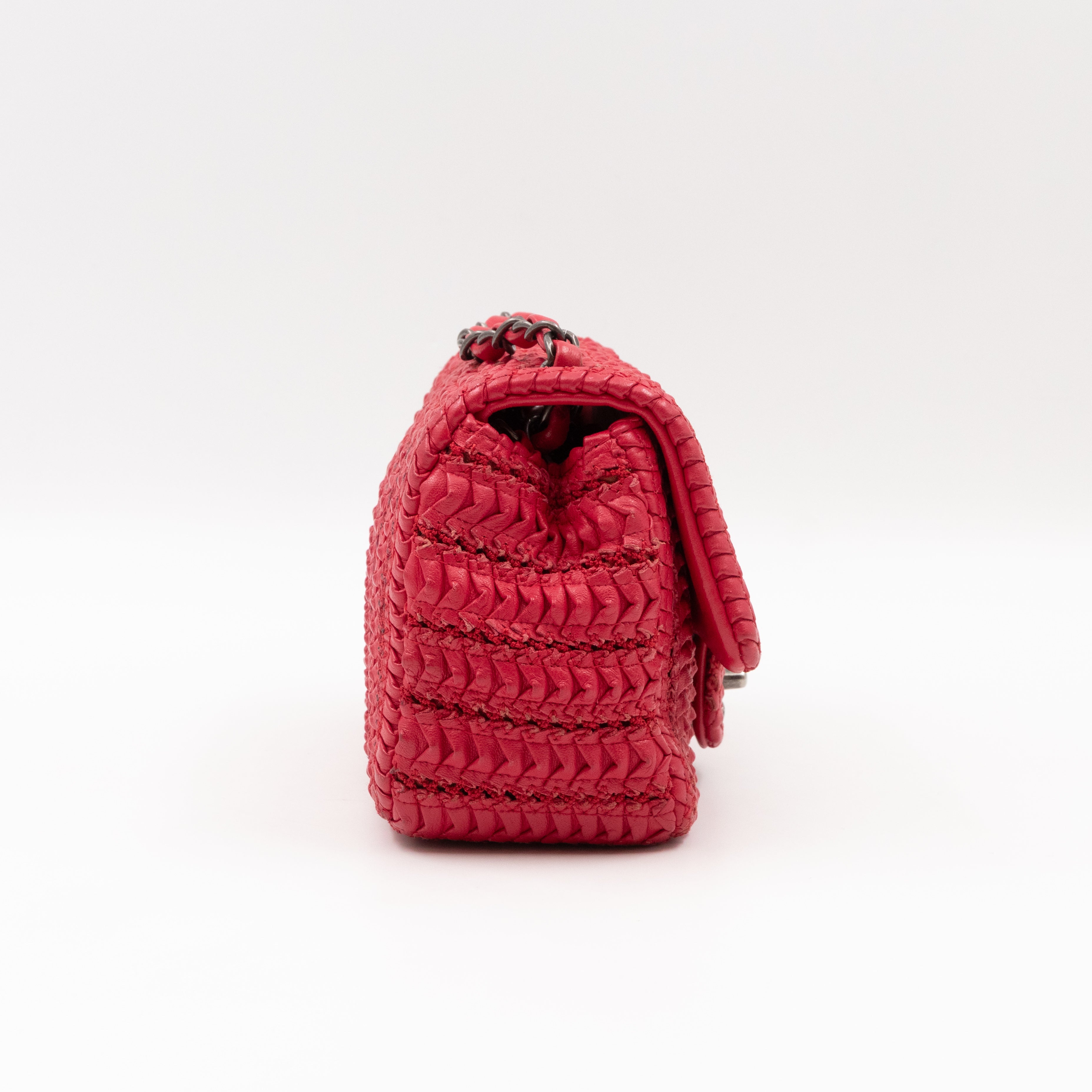 Classic Flap Mini Square Crochet Lambskin Red