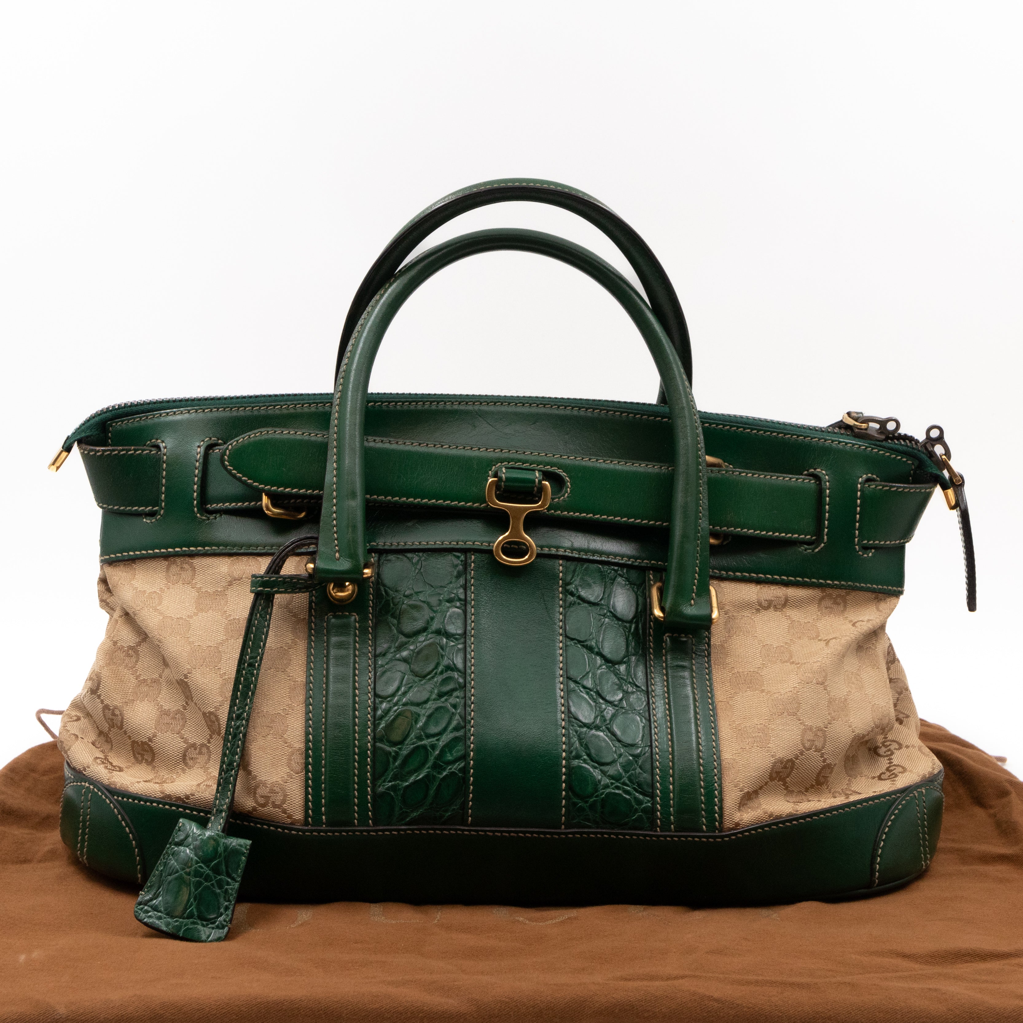 Secret Satchel Bag GG Canvas Green Crocodile Web Leather