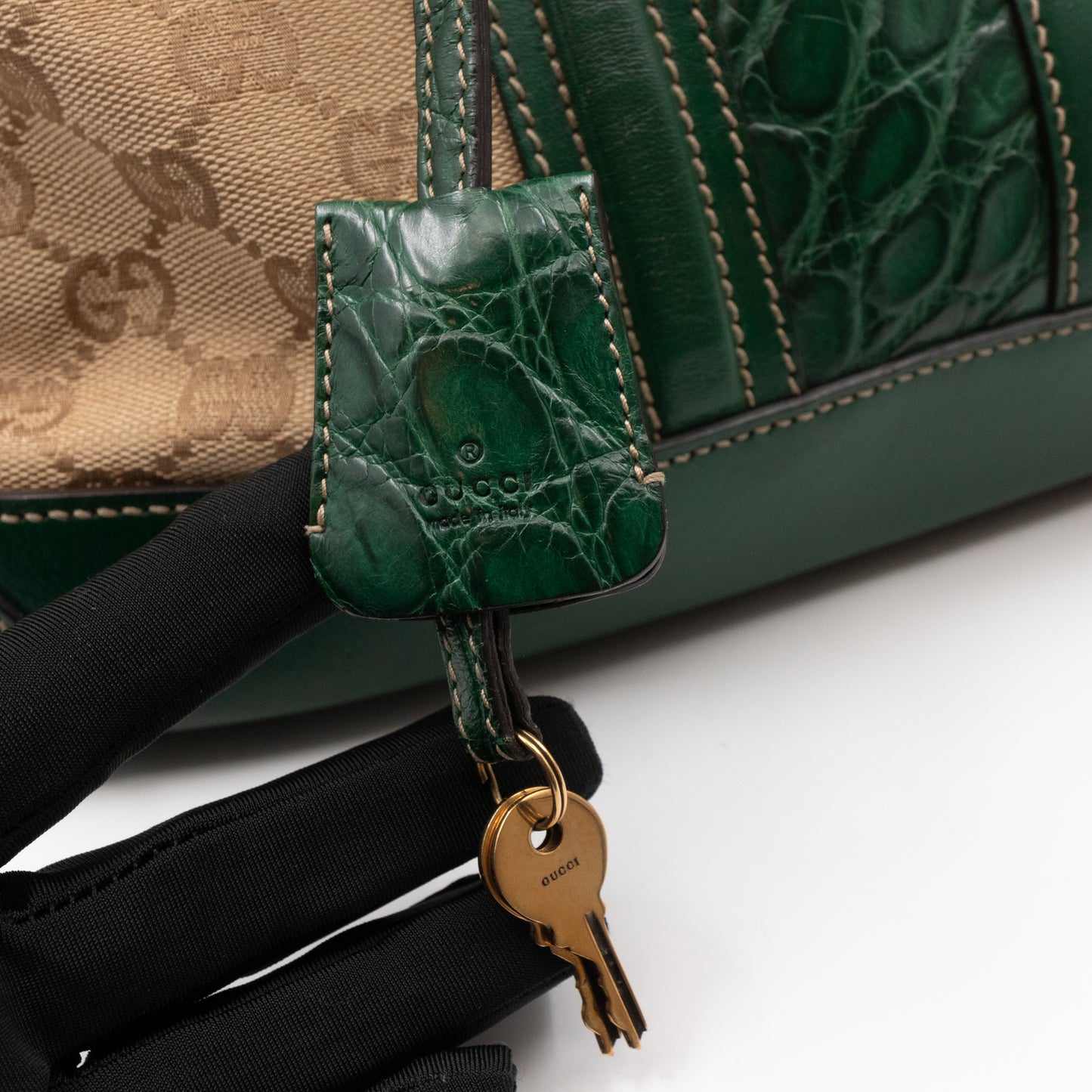 Secret Satchel Bag GG Canvas Green Crocodile Web Leather