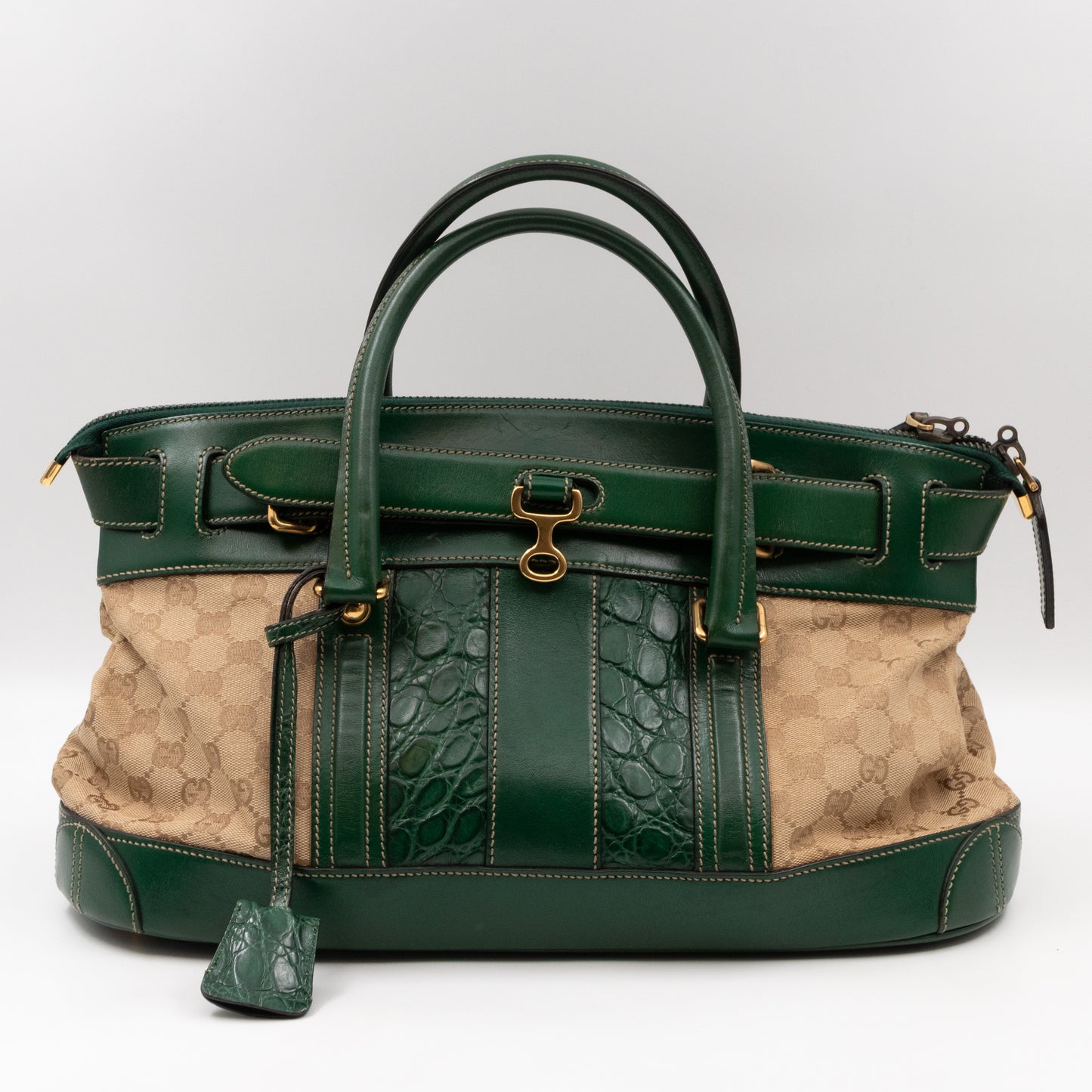 Secret Satchel Bag GG Canvas Green Crocodile Web Leather