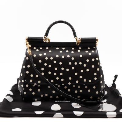 Sicily Medium Black & White Polka Dots Leather