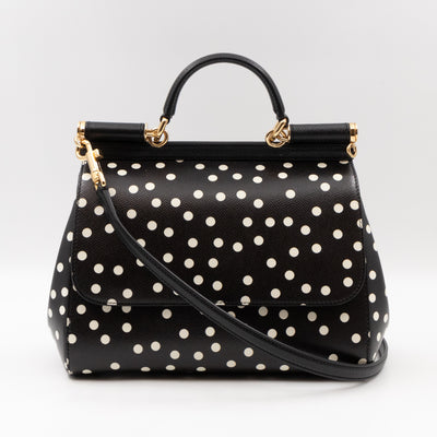 Sicily Medium Black & White Polka Dots Leather