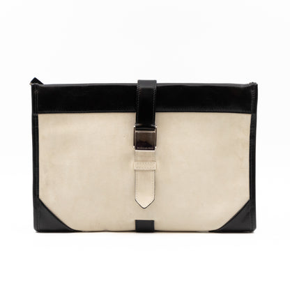 White Suede Clutch Black Leather Trim