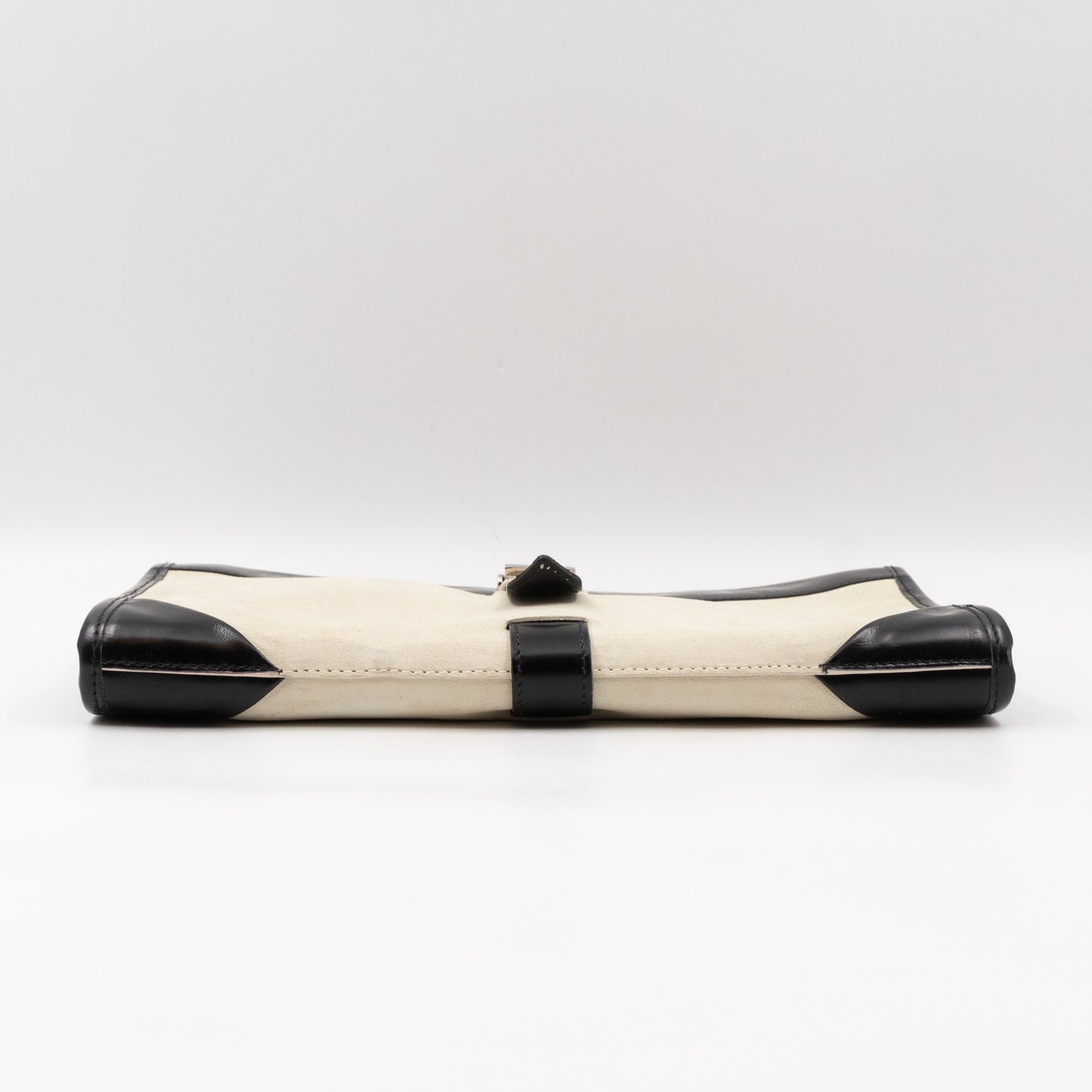 White Suede Clutch Black Leather Trim