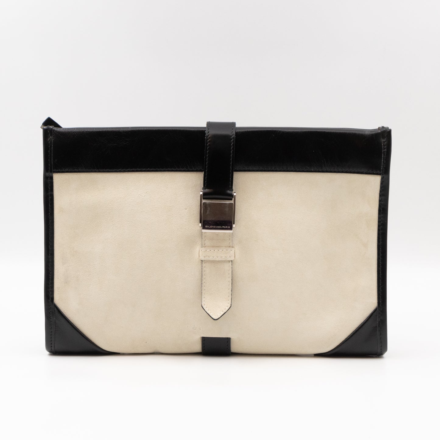 White Suede Clutch Black Leather Trim