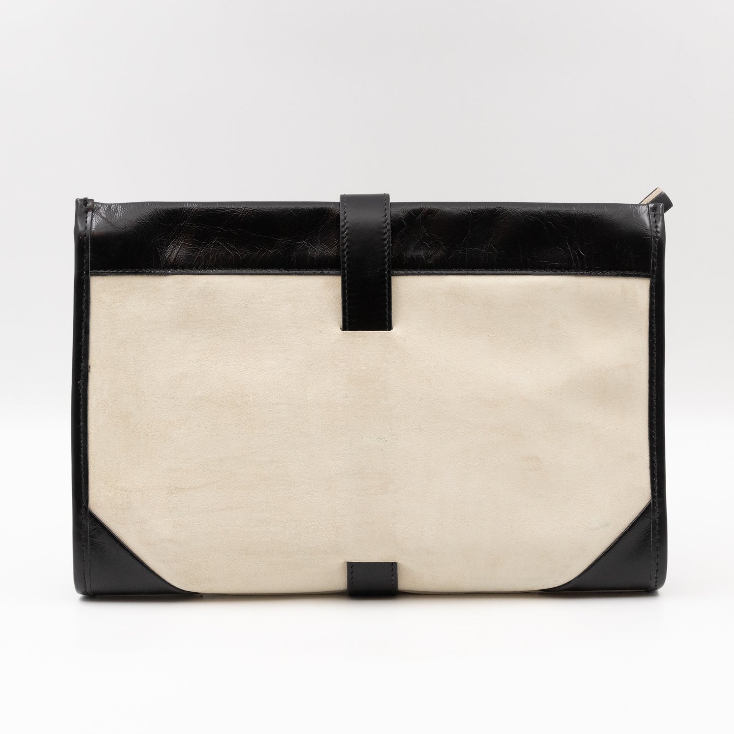 White Suede Clutch Black Leather Trim