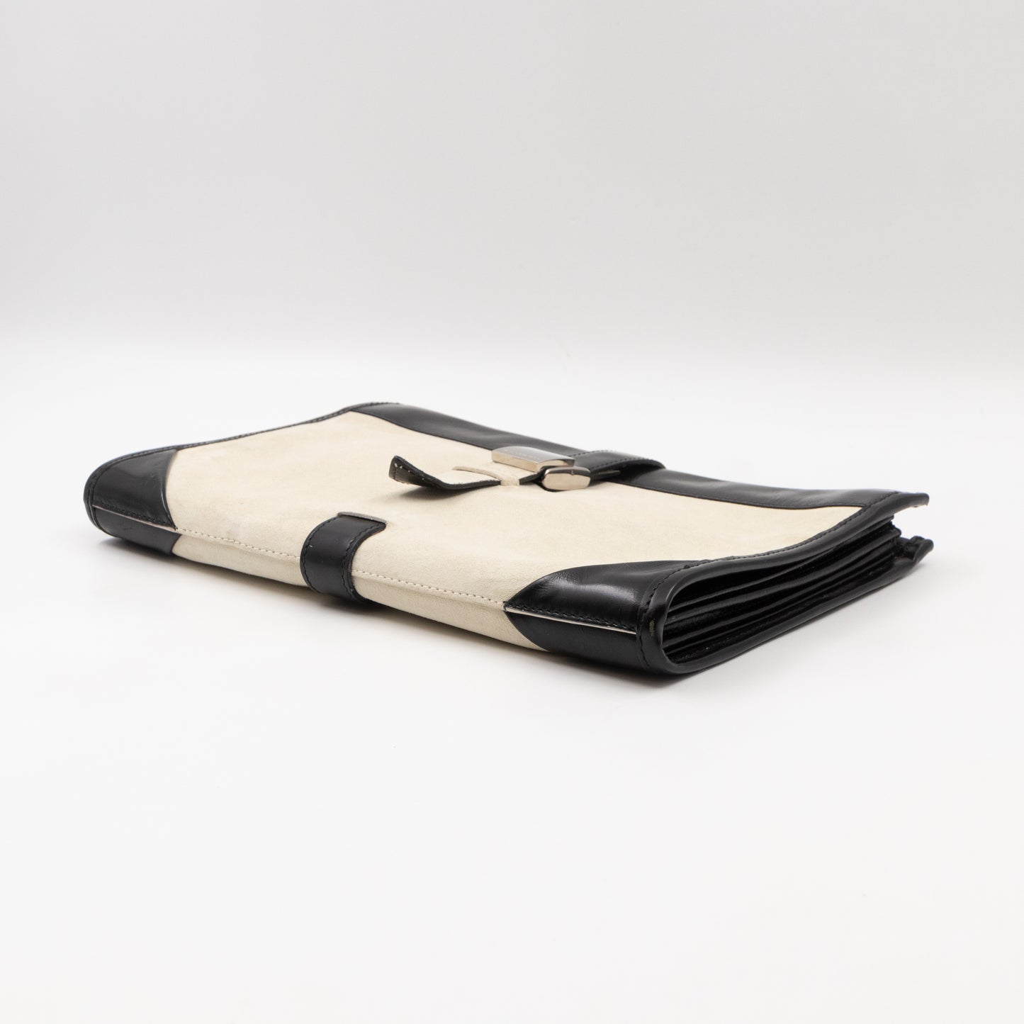 White Suede Clutch Black Leather Trim