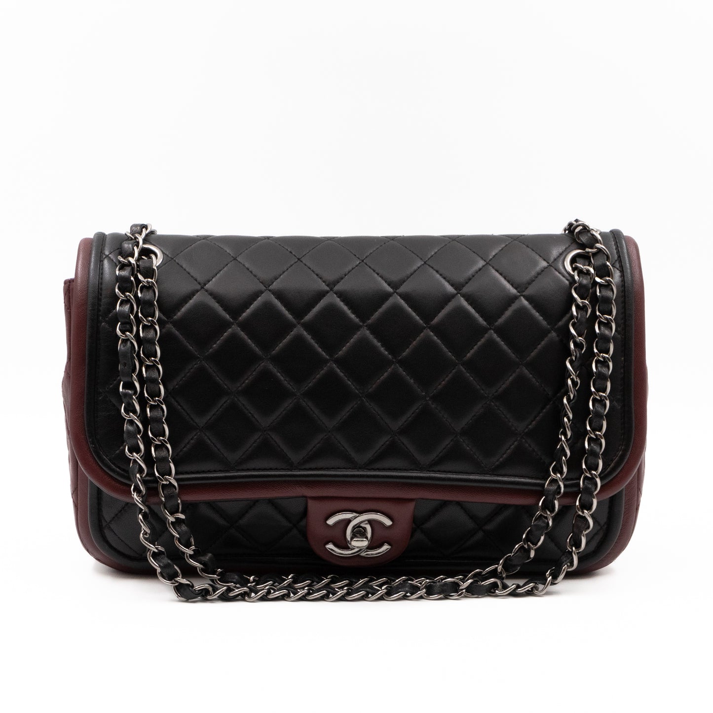 Twist Two Tone Large Flap Bag Black & Burgundy Leather