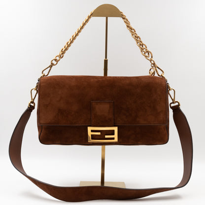 Baguette Large Shoulder Bag Brown Suede Leather