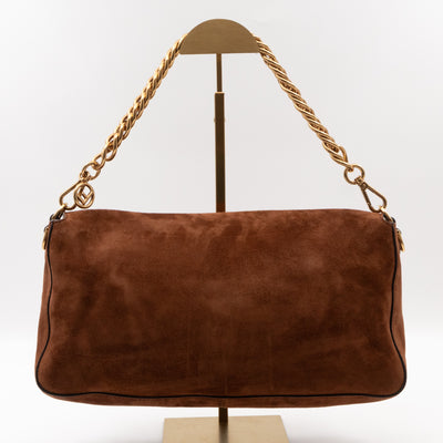 Baguette Large Shoulder Bag Brown Suede Leather
