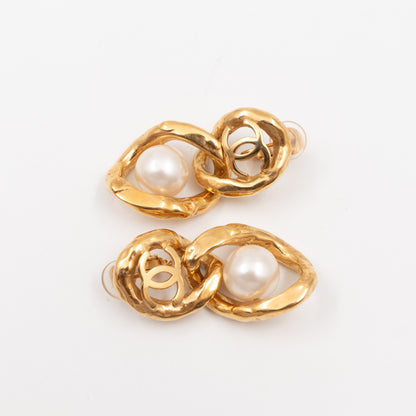 CC Logo & Pearl Dangle Clip Earrings Gold