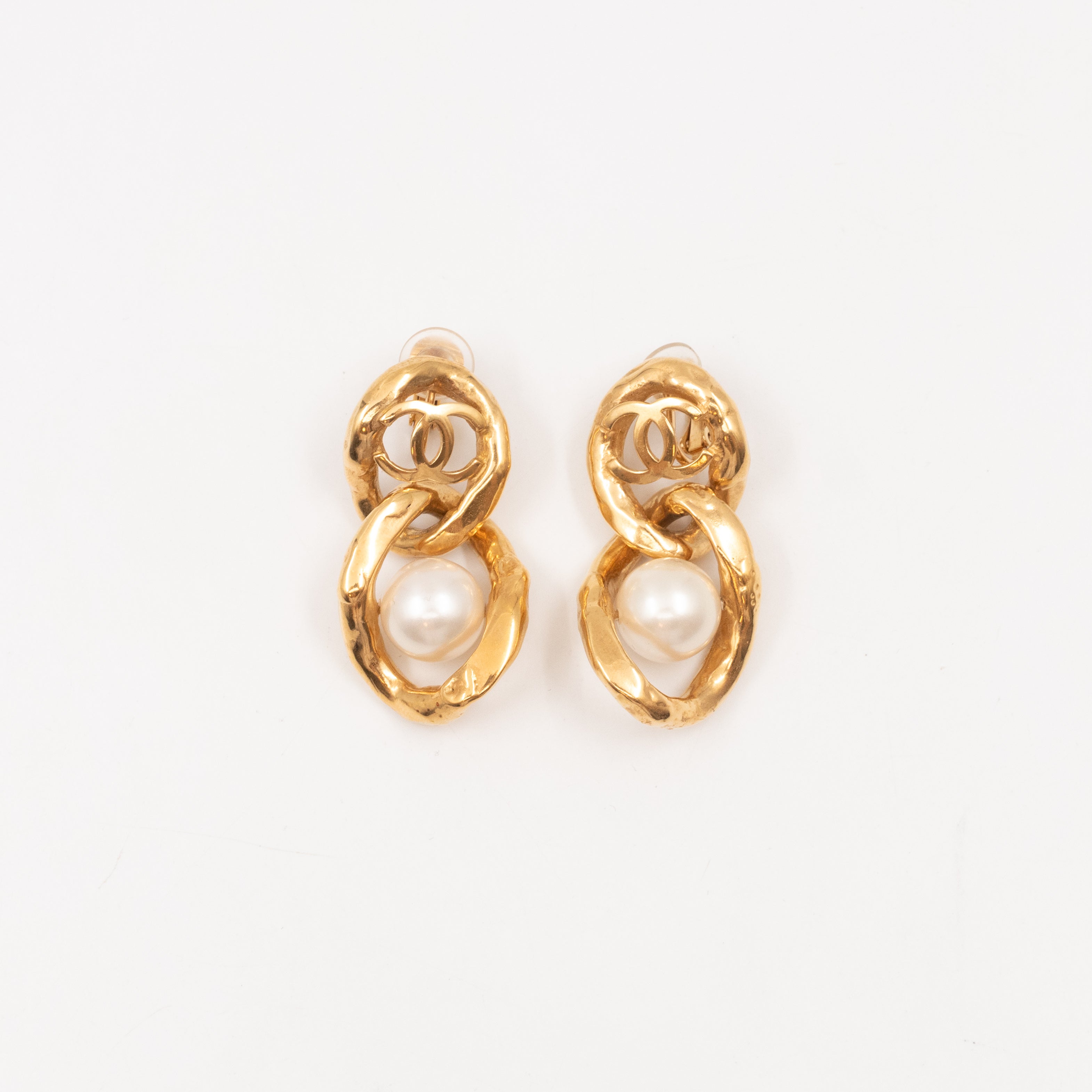 CC Logo & Pearl Dangle Clip Earrings Gold