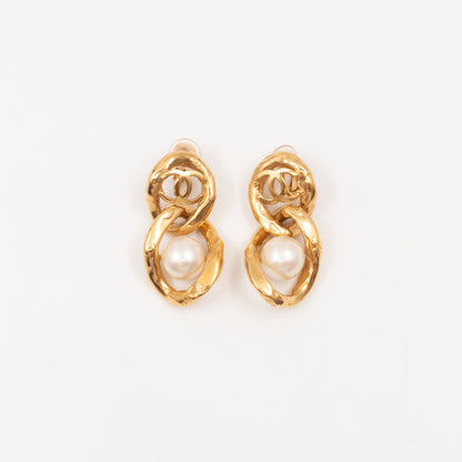 CC Logo & Pearl Dangle Clip Earrings Gold