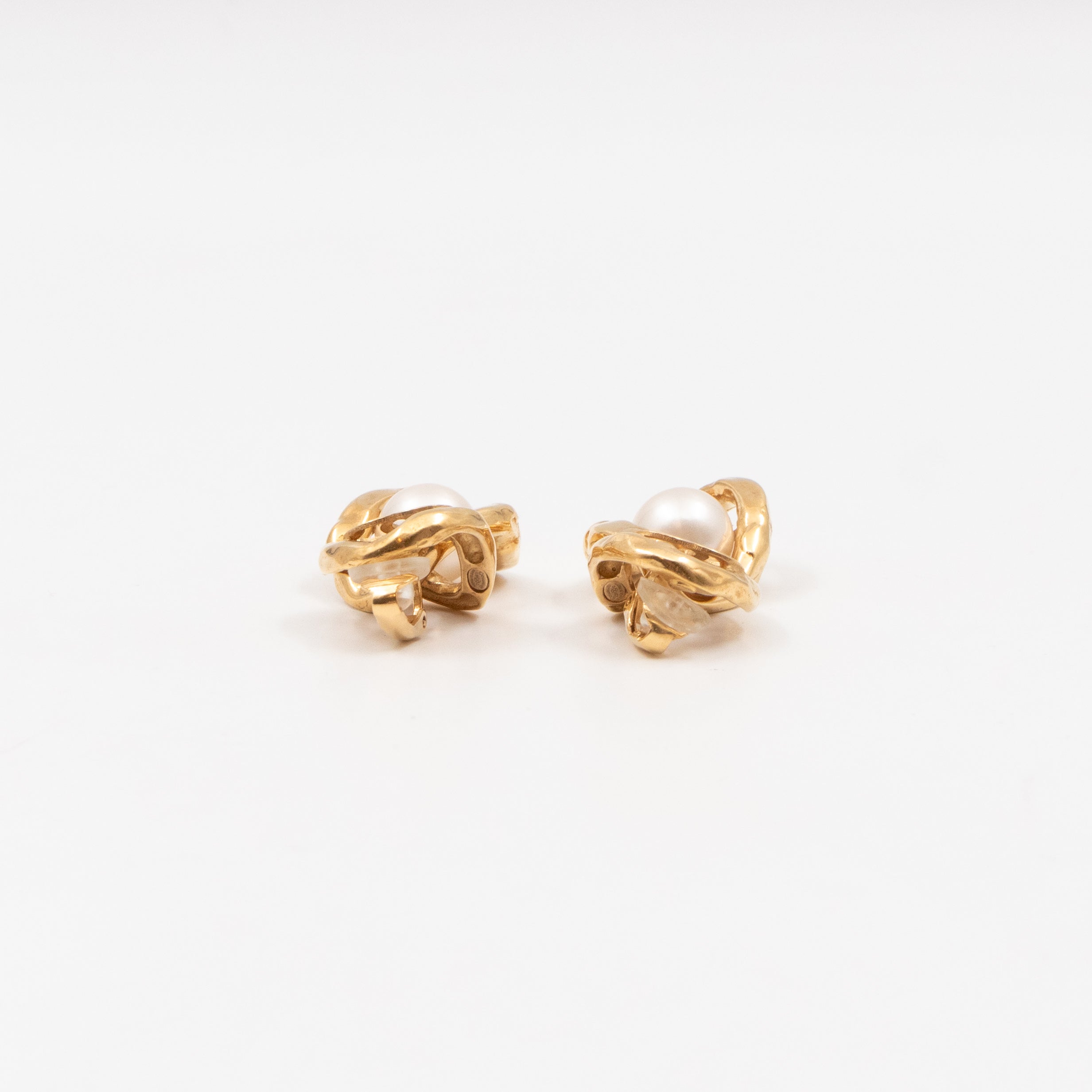 CC Logo & Pearl Dangle Clip Earrings Gold