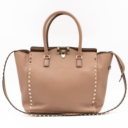 Double Handle Rockstud Medium Tote Bag Beige Leather