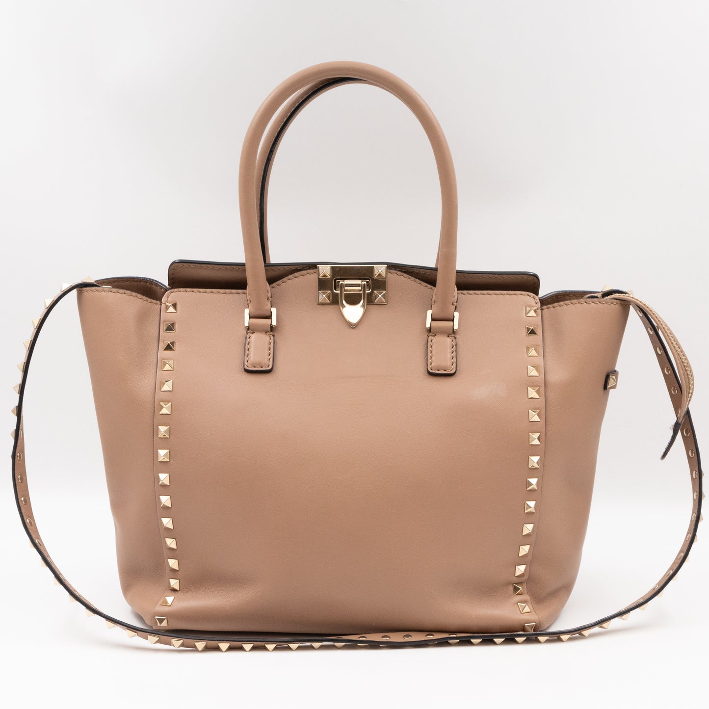 Double Handle Rockstud Medium Tote Bag Beige Leather