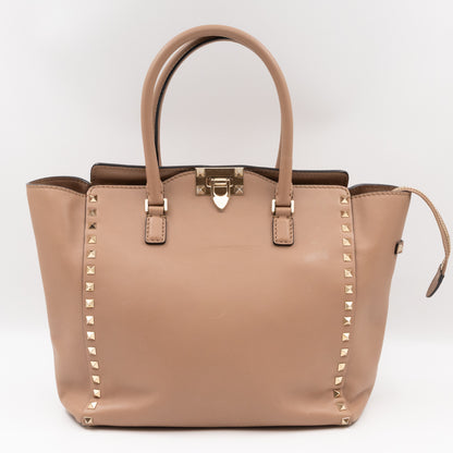 Double Handle Rockstud Medium Tote Bag Beige Leather