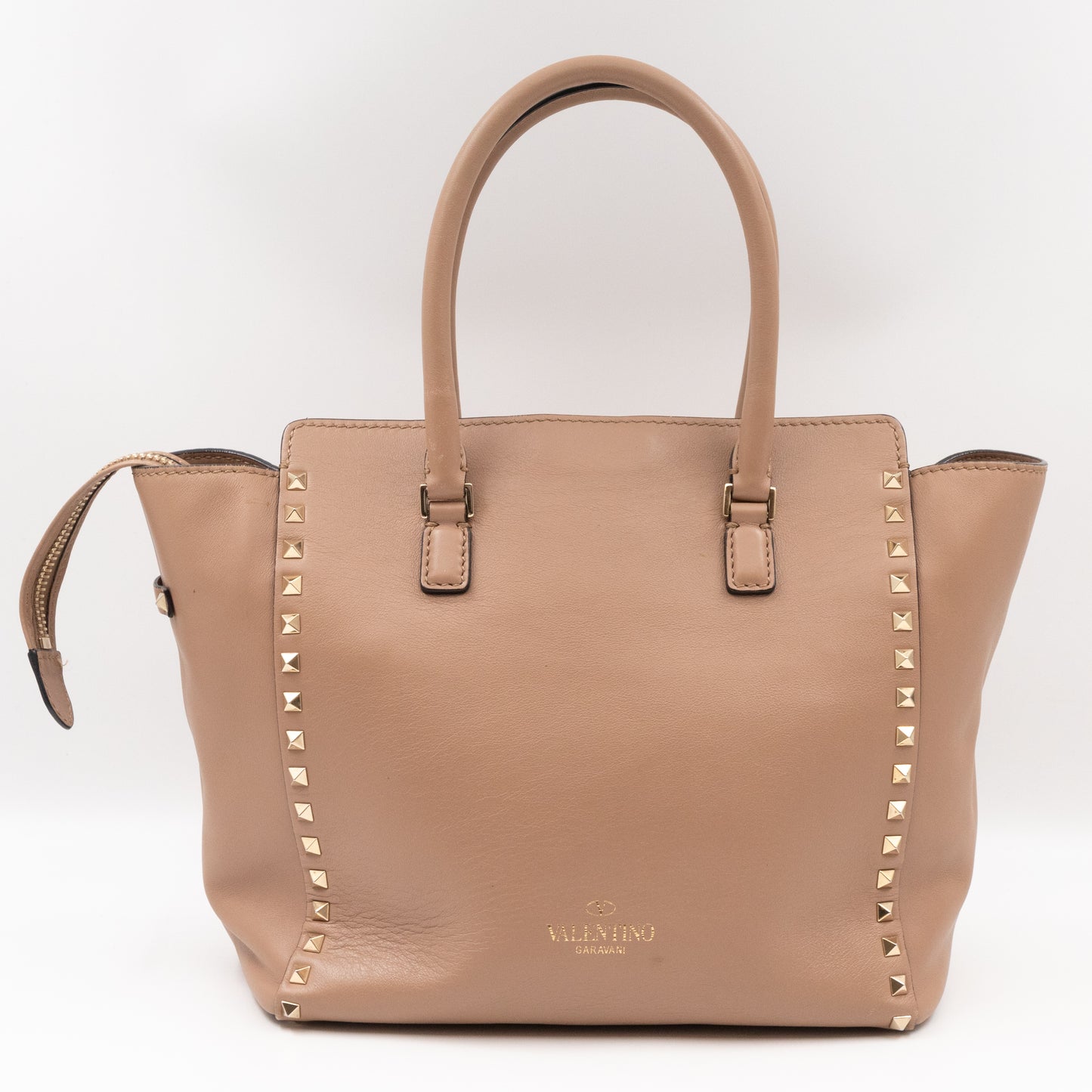 Double Handle Rockstud Medium Tote Bag Beige Leather