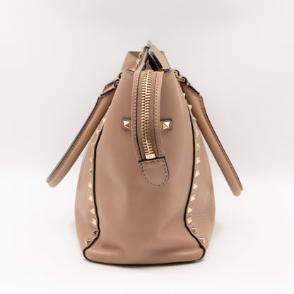 Double Handle Rockstud Medium Tote Bag Beige Leather