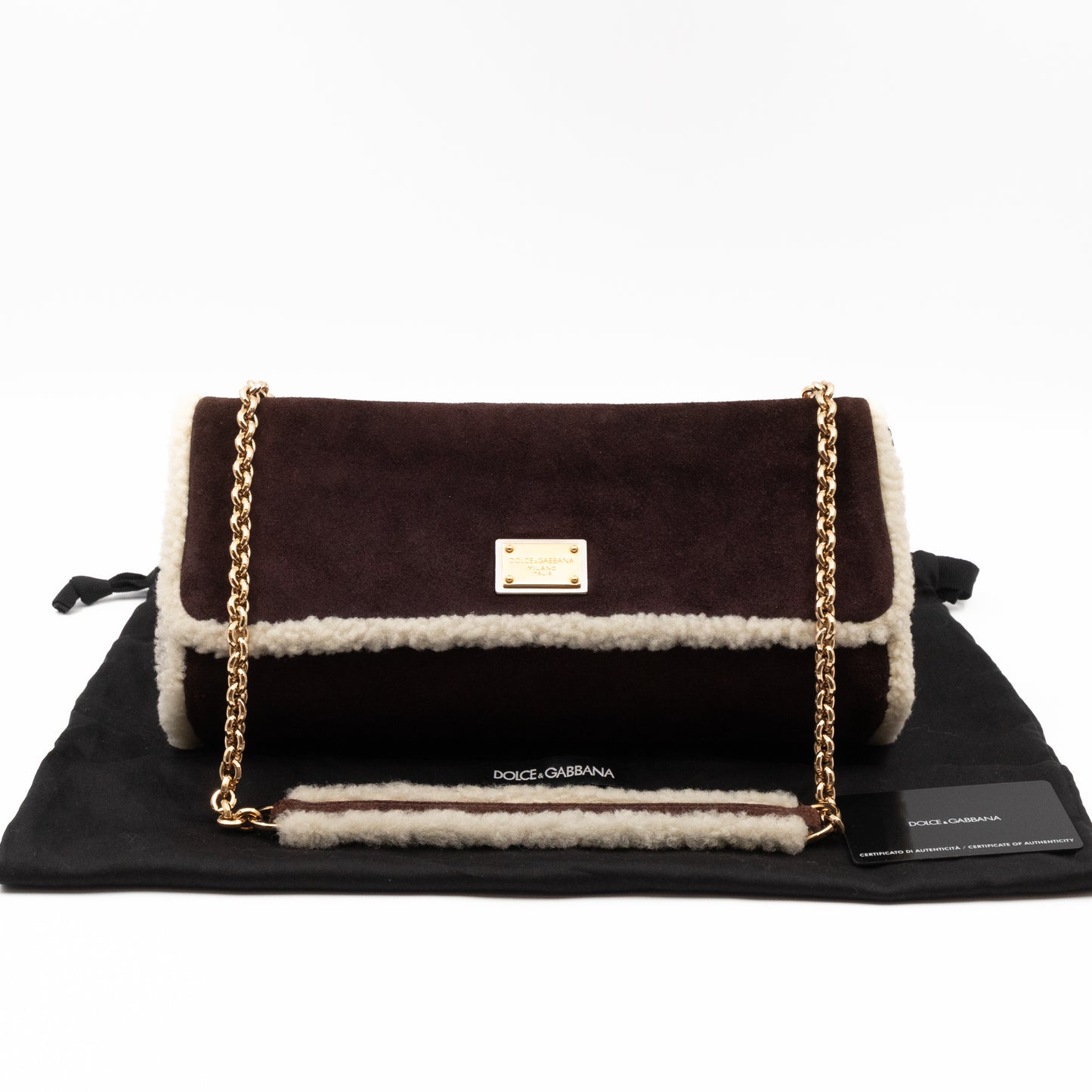 Flap Shoulder Bag Brown Suede White Shearling Gold