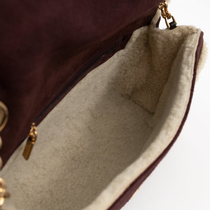 Flap Shoulder Bag Brown Suede White Shearling Gold