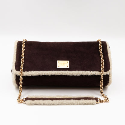 Flap Shoulder Bag Brown Suede White Shearling Gold