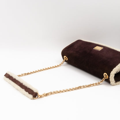 Flap Shoulder Bag Brown Suede White Shearling Gold