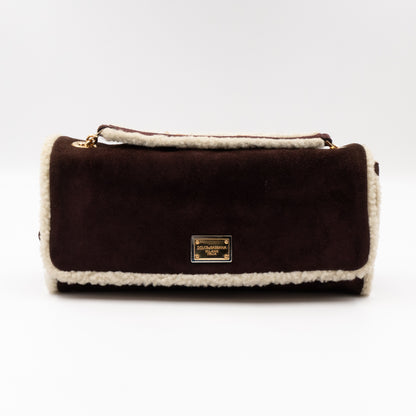 Flap Shoulder Bag Brown Suede White Shearling Gold