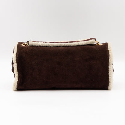 Flap Shoulder Bag Brown Suede White Shearling Gold